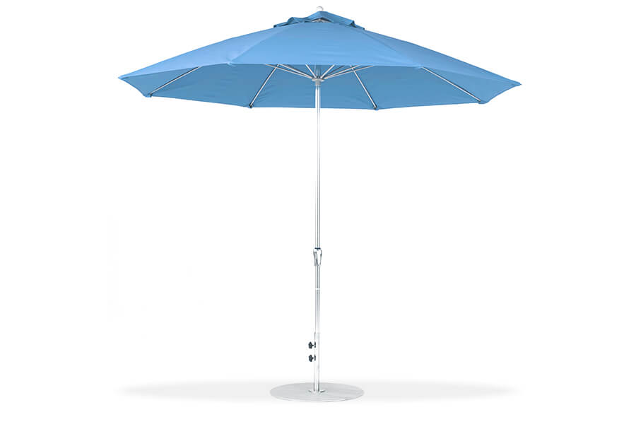 Frankford Monterey Fiberglass Market No Tilt Umbrella with blue fabric and crank lift feature