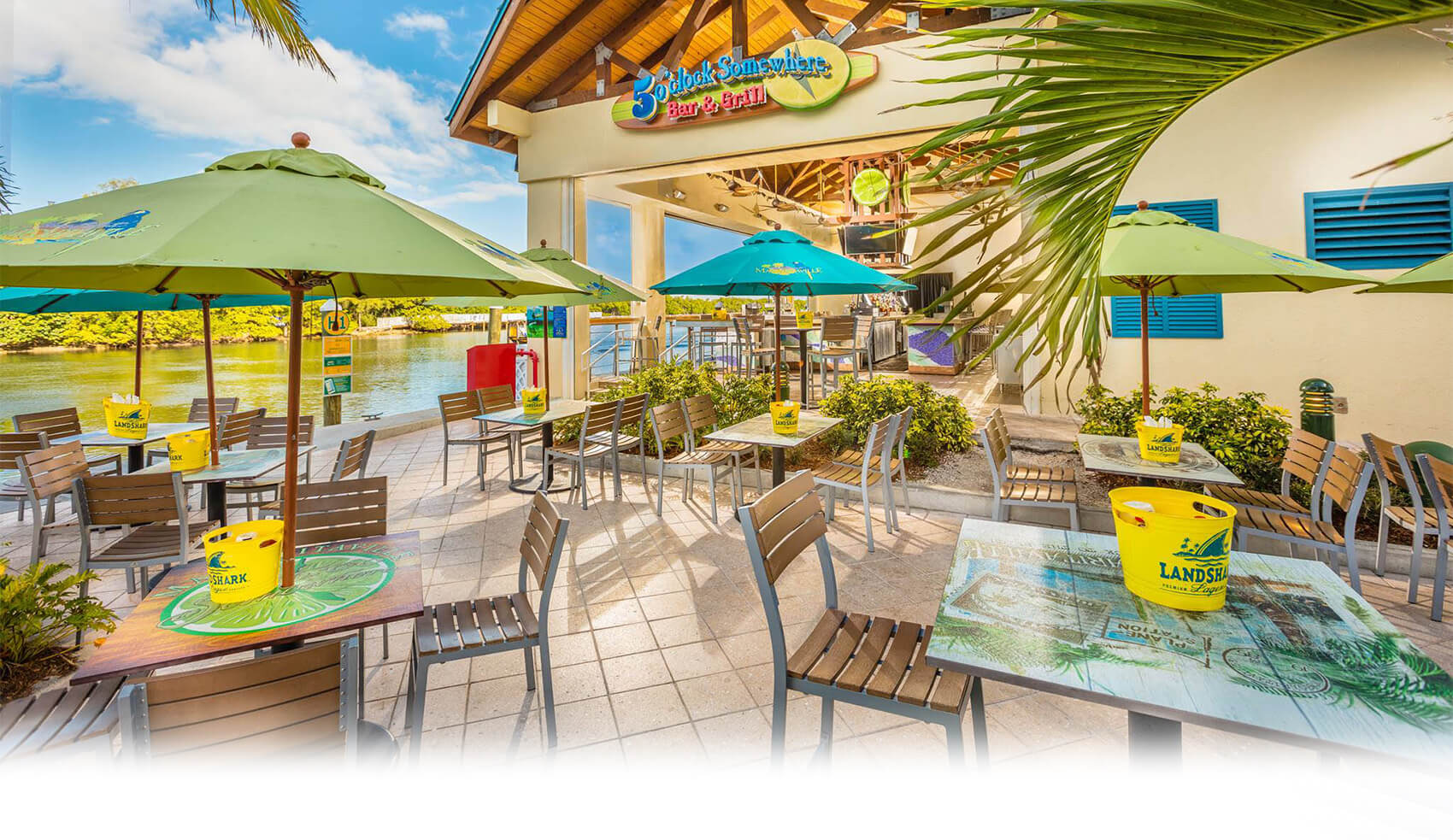 Branded Frankford umbrellas in use at the "5 o'clock Somewhere Bar and Grill"